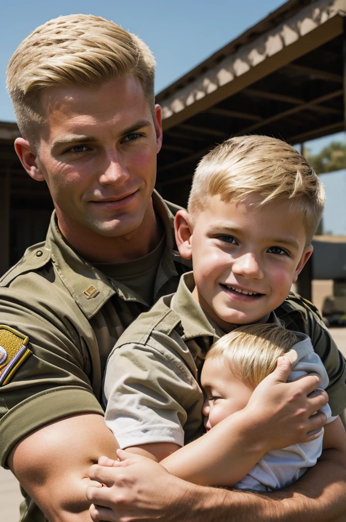 Military dad with blond son in his arms 