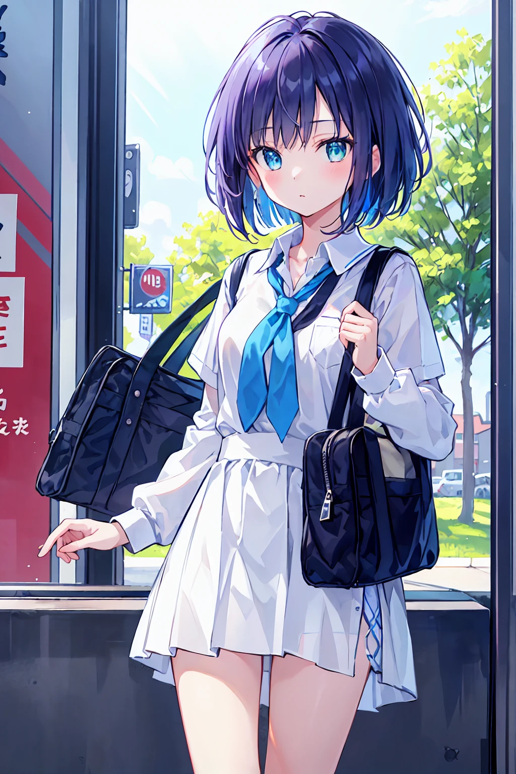 masterpiece, Highest quality, Very detailed, 16K, One Girl, spring, high school, Warm colors, school bag, 正確でVery detailed背景, Mr.々A group of schoolgirls in uniforms with different body types and hairstyles, cute. break. akane kurokawa, One girl, short hair, Blue Hair, Green Eyes, Black Hair, Medium Hair, White shirt, Collared shirt, , Best, White shirt, sweater Best, black Best, Blue tie, One Length Bob, Creating Bangs, Brighten up the area around the face, Leave the ends of the hair thick overall. Dark blue-purple hair, blue eyes
