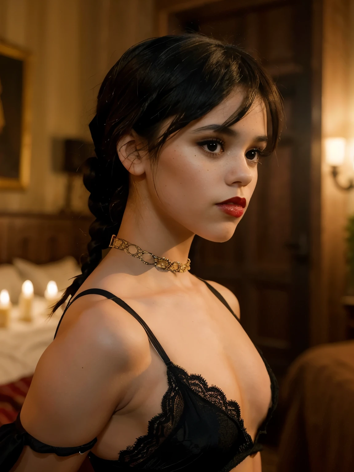 jenna_ortega as Wednesday Adams, pale skine, dressed in small black lingerie, bare shoulders, hair tied into two small braids, red lipstick, eyeliner, most of the figure visible (most of the body visible: 1.2), background: an elegant medieval bedroom.