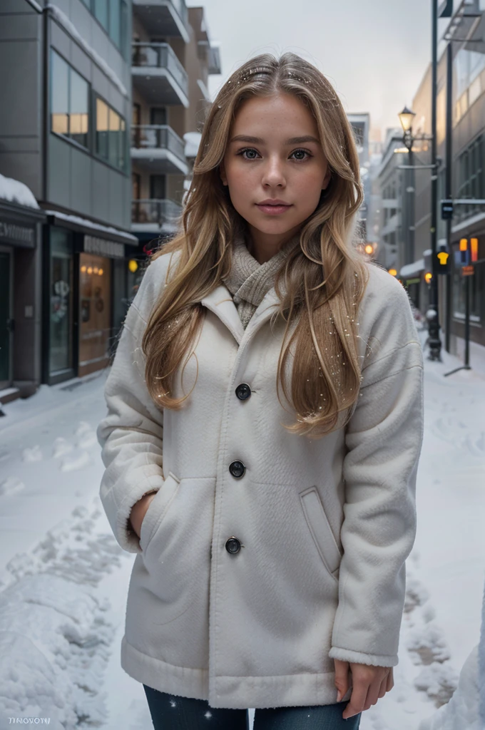 professional portrait photograph of a gorgeous Norwegian girl in winter clothing with long wavy blonde hair, sultry flirty look, gorgeous symmetrical face, cute natural makeup, wearing elegant warm winter fashion clothing, ((standing outside in snowy city street)), stunning modern urban environment, ultra realistic, concept art, elegant, highly detailed, intricate, sharp focus, depth of field, f/1. 8, 85mm, medium shot, mid shot, (((professionally color graded))), bright soft diffused light, (volumetric fog), trending on instagram, hdr 4k, 8k