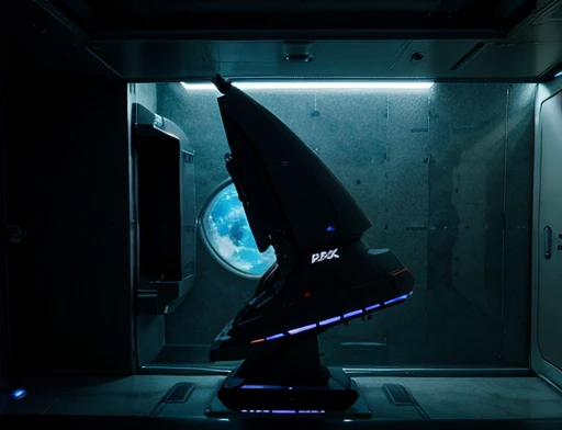 a spaceship is motionless, the ship is inside a modern room of a space laboratory, side view 