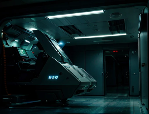 a spaceship is motionless, the ship is inside a modern room of a space laboratory, side view