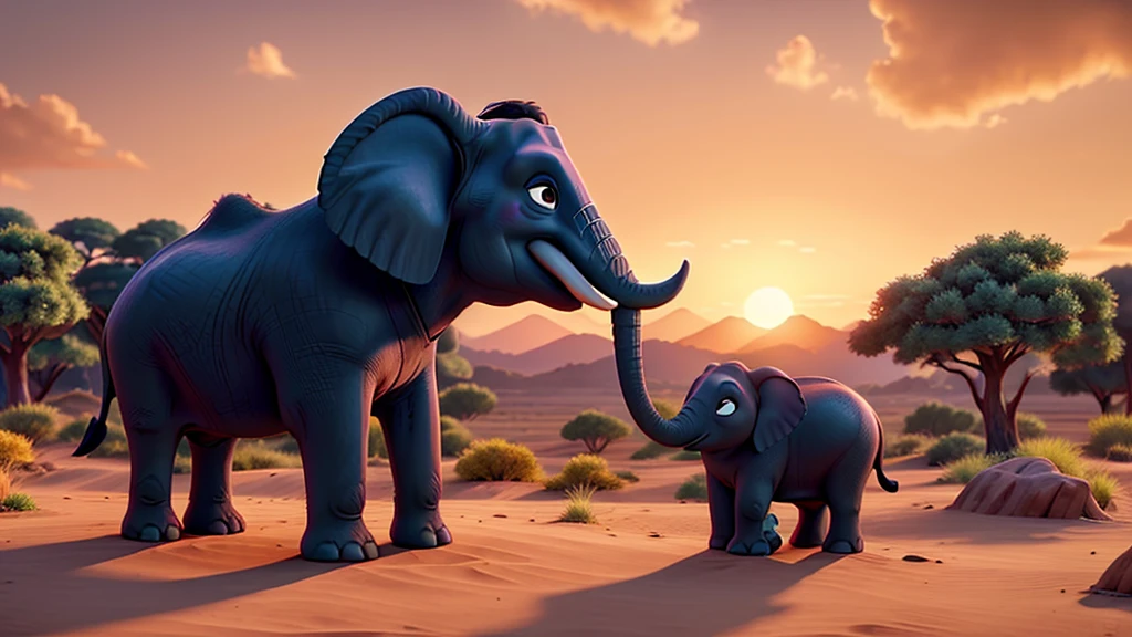 Create a majestic scene of elephants standing proudly with the backdrop of a rising or setting sun, symbolizing their grandeur and wisdom.Hyper-realistic, 8k, ultra HD, Pixar style, Disney style, Cinema 4D, --ar 3:2 1