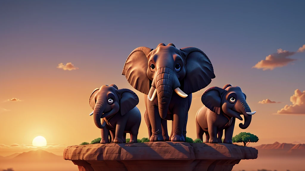 Create a majestic scene of elephants standing proudly with the backdrop of a rising or setting sun, symbolizing their grandeur and wisdom.Hyper-realistic, 8k, ultra HD, Pixar style, Disney style, Cinema 4D, --ar 3:2 1