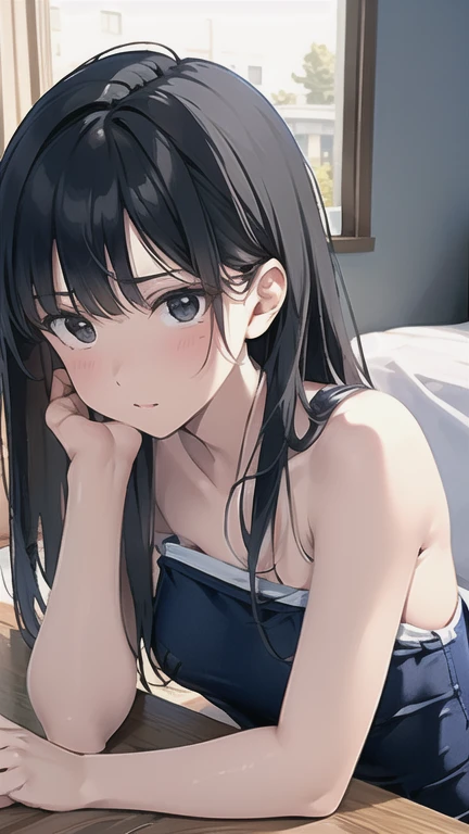 masterpiece,Highest quality,High resolution,figure,Super detailed,8k CG wallpaper,Ray Tracing,(Black Hair:1.1),((Long Hair:1.1)),(black eye:1.1),Straight hair,Medium chest,(Upper body naked1:1.3),Cover your chest with your hands,Leaning forward,((Embarrassing:1.2)),((sit:1.2)),Navy blue oversized swimsuit,Bedroom at night