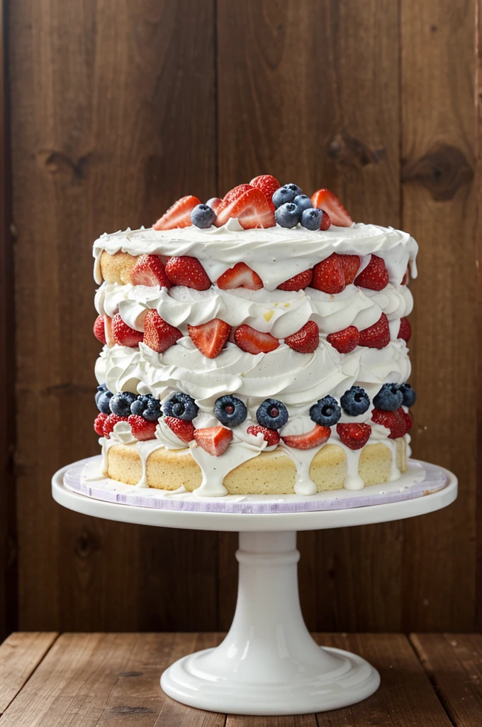 "Create an ultra-realistic image of a vegetarian sponge cake. The cake should have three layers of light, fluffy sponge, with each layer filled with a rich and creamy vanilla custard. The top of the cake is adorned with a generous amount of fresh mixed berries, including strawberries, blueberries, and raspberries. The sides of the cake are smoothly frosted with a whipped cream layer, and there are delicate swirls of whipped cream along the top edge. The cake is set on a white porcelain cake stand, with a rustic wooden background and soft, natural lighting to highlight the textures and colors of the cake. The overall presentation should be elegant and inviting, making it clear that this is a vegetarian dessert."