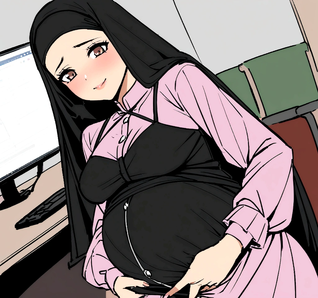 potrait of pregnant women, 23 years old, beautiful face, long hair, wearing hijab and office outwear, very horny, riding vibrator, playing nipple until wet in the floor, climax, wet vagina, absurdres, RAW photo, extremely delicate and beautiful, masterpiece, Best Quality, ultra high resolution, 32k, hyperrealistic, ultra-detailed, perfect anatomy, perfect figure, super Detailed skin, Very detailed CG 8k wallpaper, pregnant, narrow waist, very small head, very small face, delicate facial features, earring, thin legs, (perfect breasts:1.3)