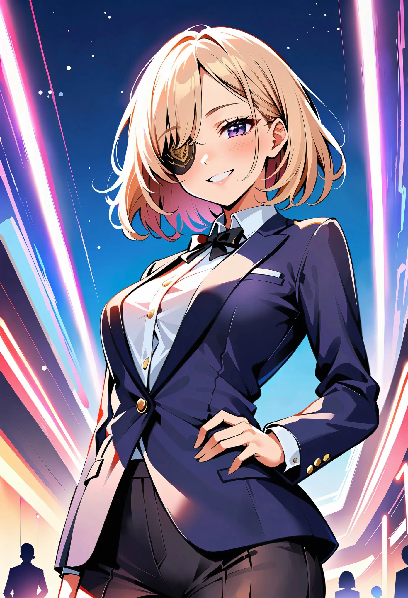 Eye patch, Beautifully decorated, Delicate, Gold, 黒革のEye patch, Group button, Eye patch少女, JK, blazer, Fearless smile, (Low - Angle:1.4), High resolution, masterpiece:1.2, High Detail, high quality.