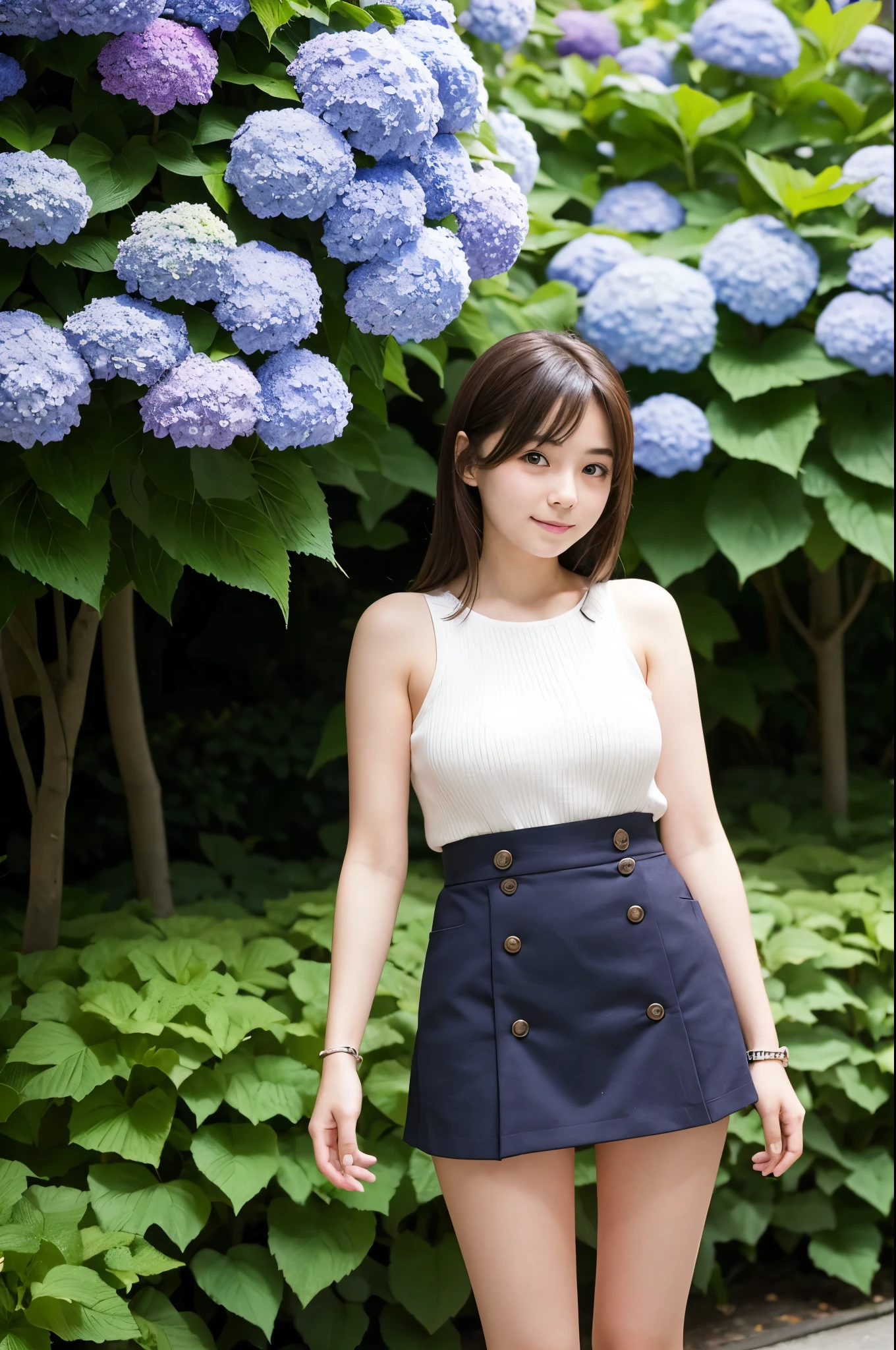 A 20-year-old girl wearing a miniskirt、In the hydrangea park。