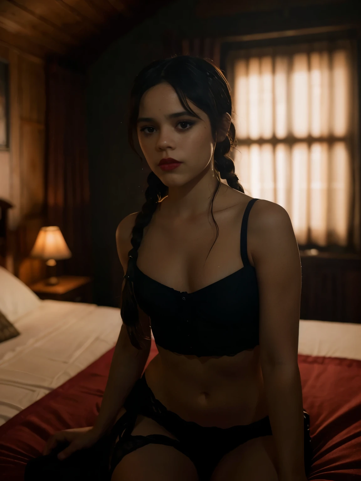 jenna_ortega as Wednesday Adams, pale skine, dressed in small black lingerie, bare shoulders, hair tied into two small braids, red lipstick, eyeliner, most of the figure visible (most of the body visible: 1.2), background: an elegant medieval bedroom.