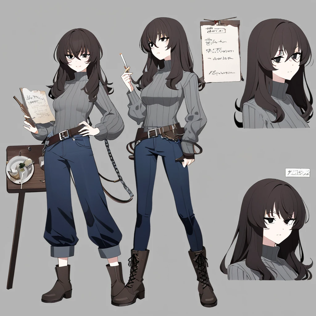 One Woman,Downer,older sister,Concept Art,Dark brown hair,Straight hair with slight inward curls,Staring eyes,Eye Ridge,black eye,Crossed bangs,whole body,smile,Slightly larger breasts,Gray background,Bangs that reach down to the eyes,Messy hair,Tight dark jeans,Gray turtleneck sweater,Multiple views of the same character,Character Design,Dark circles under the eyes,Bad look,Listless,Sloppy,Silver Jewelry,Cafe staff,Holding a cigarette,whole bodyCharacter Design,Detailed hands,Height: 170cm,boots,fleshy,