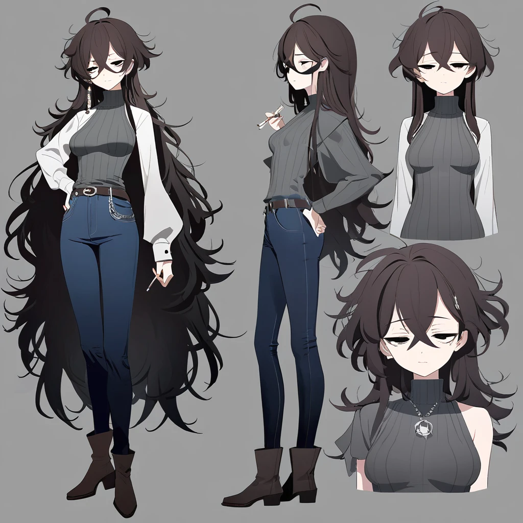 One Woman,Downer,older sister,Concept Art,Dark brown hair,Straight hair with slight inward curls,Staring eyes,Eye Ridge,black eye,Crossed bangs,whole body,smile,Slightly larger breasts,Gray background,Bangs that reach down to the eyes,Messy hair,Tight dark jeans,Gray turtleneck sweater,Multiple views of the same character,Character Design,Dark circles under the eyes,Bad look,Listless,Sloppy,Silver Jewelry,Cafe staff,Holding a cigarette,whole bodyCharacter Design,Detailed hands,Height: 170cm,boots,fleshy,