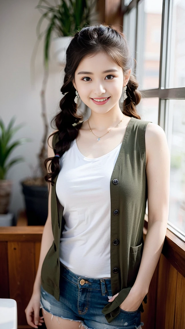 ((Top quality、8K、Master School:1.3、In the company、OL、Office casual setting、 (1 cute korean stars) Short twin tails, 32 inches chest size, Grey Camisole Vest, shorts, , Nikon, Ultra HD 1 Girl、slender beauty:1.3、Super detail face、Exquisite eyes、Double eyelids、smiling facial expression、whole body、brown hair、necklace，Tanned skin、20 years old、beaver、shortcut、piece、 look、stare、Houseplant、verdant、look到whole body、window