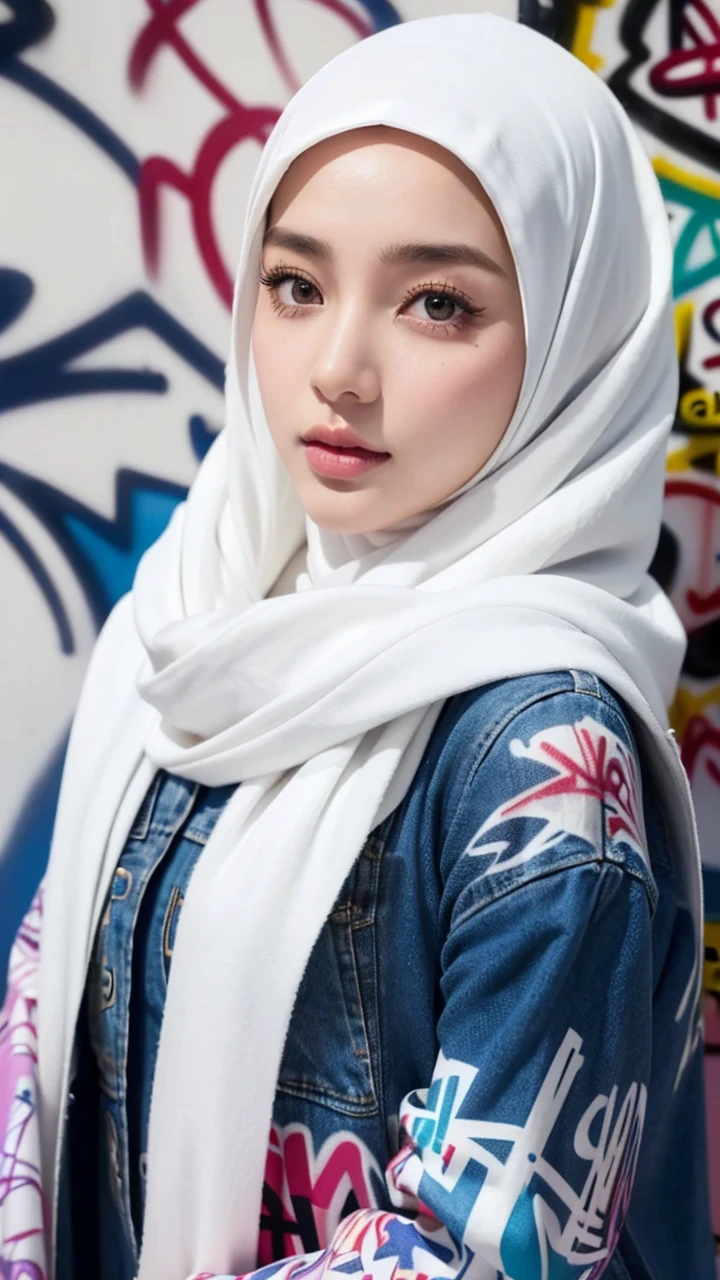 ,1girl, solo, pretty face, eyelashes, nose, glossy lips, (detailed eyes, looking at viewer, fair skin, white skin: 1.5), smooth skin, wearing hijab, 8k portrait of beauty in hijab, intricate, graceful, highly detailed, majestic, digital photography, hyper realistic, Masterpiece, Best Quality, All parts of the body except the face and hands are covered with clothing, Tudung, ((do not let the hair come out of the hijab)), full hijab, ((all parts of the body covered by clothes except the face)), Best Quality, (graffiti:1.5), paint splatter, jacket, On wall, paint can, looking at viewer, head slanted, clothing color (Wear a hooded military uniform), cyberpunk city