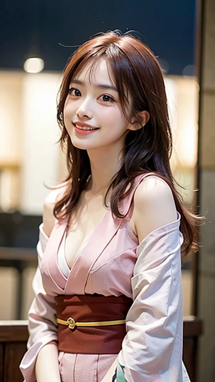 (highest quality, masterpiece:1.3, ultra high resolution), (Super detailed, caustics, 8k), (photorealistic:1.4, RAW shooting), 1 girl, (look at the camera with a smile), 20-year-old, cute, Japanese, gradient hair color, Wolf Bob Kat hairstyle, ponytail hairstyle, Natural lips, ((red scarf, maxi dress)), cleavage, Modern Place Background, bust up shot, face focus, Natural light, Backlight, (A bright light shines from above), (Lens flare), professional writing, perfect bodies, perfect arms, Perfect fingers, perfect legs, perfect hair, pores, Realistic skin texture, perfect teeth, (low position), (Low - Angle)