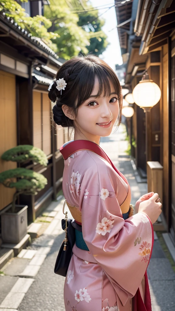 Professional Lighting,(Realistic:1.4), (Top image quality:1.0), (超High resolution:1.0), 8k, Raw photography, (masterpiece:0.2), (Dealing with the Children_v1:0.5)、(最高quality Detail:1.2)、Realistic、8K Ultra HD、High resolution、(1 Girl:1.2)、超detailedな、High quality textures、複雑なdetailed、detailed、Very detailed CG、High quality shadows、detailed 美しく繊細な顔、Beautiful details and a delicate eye、(Symmetrical eyes:1.2),Written boundary depth、Ray Tracing,1 Girl, Japanese Girls, (Natural smile:1.4),cute, thin, Portrait of a beautiful Japanese woman in a kimono, Standing elegantly on a street corner in Kyoto. Kimono with vibrant traditional patterns, Hair decorated with elegant and delicate hairpins, Gentle expression. (With the old streets of Kyoto in the background:1.4)、The soft light of a spring afternoon、Adding tranquility to the scene. Rendered in a Realistic style with great attention to detail, High resolutionの画像.Sky Porn, Magic Hour, (Realistic:1.3), finely, quality, (Tabletop:1.2), (Realistic:1.2), (最高quality), (複雑なdetailed), dramatic, Ray Tracing, photograph, +roller