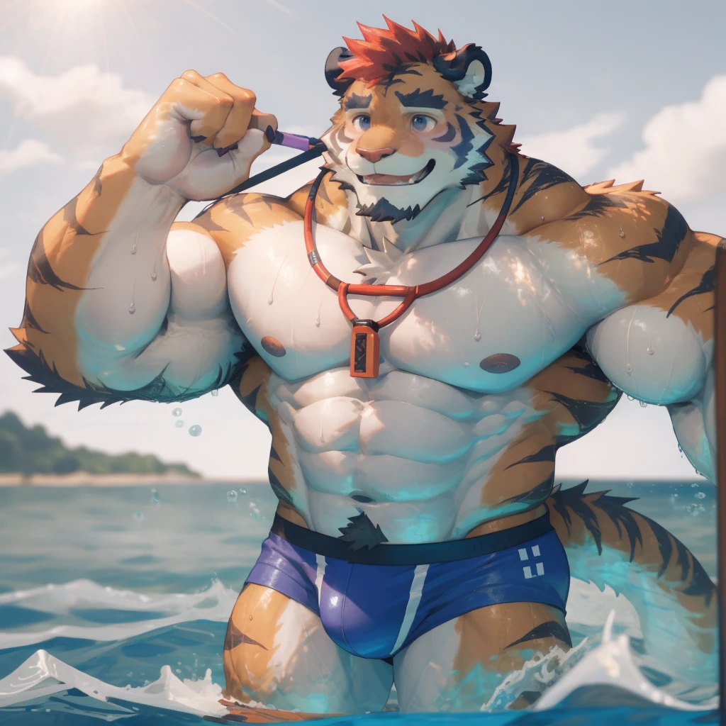 masterpiece, best quality, 8k resolution, Very detailed, hairy,tiger,((red hair)),muscle,Strong,超大muscle,((Sweating)),(((Purple Eyes))),For the audience,(((Lifeguard))),portrait,(((Shirtless))),(Highest quality scene),(((underwear))),(((Nautical Mile))),(((smiling))),(((Hip bulge))),(((Ultra clear eyes)),(((Blushing))),((Solitary)),((whole body)),(((Sunlight))),(((Swimming style))),((Mature)),(((Uncle))),(((Orange fur)))