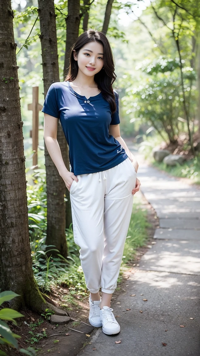 masterpiece, best quality, Surreal, Ultra Detailed, 8k resolution, RAW photos, Clear focus, (A girl in the forest), ((navy blue shirt:1.1)), Short sleeve, Long sweatpants,Full body posture, Solitary, Perfect body, Become a, 32 inches in the chest,(a charming smile:1), (sexy pose),26 years old, light,White shoes