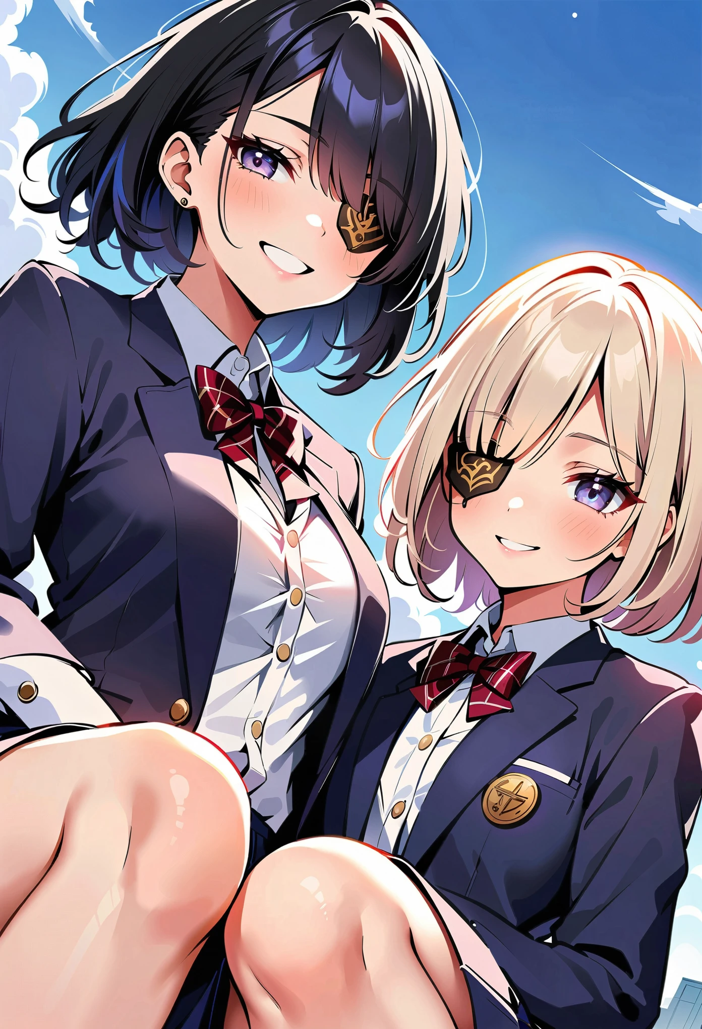 Eye patch, Beautifully decorated, Delicate, Gold, 黒革のEye patch, Group button, Eye patch少女, JK, blazer, Fearless smile, (Low - Angle:1.4), High resolution, masterpiece:1.2, High Detail, high quality.