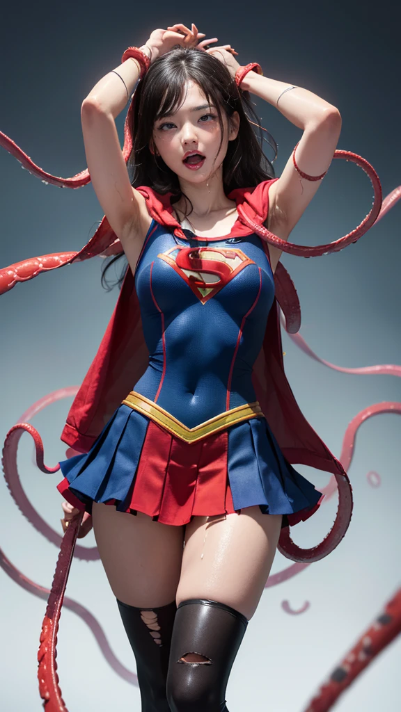 (8k、Highest quality、masterpiece:1.2)、(Realism、Photorealistic:1.37)、Ultra high definition、(Highest quality)、(masterpiece)、Supergirl trapped by tentacles、(Perfect fit body、Perfect fit、Perfect Thighs)、(((Wearing the Supergirl suit、skirt、Damaged、Torn、Thighs in Torn clothes、 Exposed arms)))、Long Hair、Long Hair、(((Tattered clothes、Too much exposure、Torn clothes、引き裂かれたskirt、ボロボロのskirt、White liquid all over the body、White liquid sticks to the body、 on the face、胸に白colorの液体、)))、(((The background is a prison、Hands clasped behind head、Surrounded by tentacles、The body is connected by many tentacles.、Hands bound by tentacles、The legs are tied with tentacles、Tentacles groping the whole body、color々Mature woman posing))),(Open your mouth、Scream、painでうめき声をあげる, painを感じ, Flowing Tears:1.5), pain, I&#39;m in pain and crying、A meat stick is stuck in his crotch、