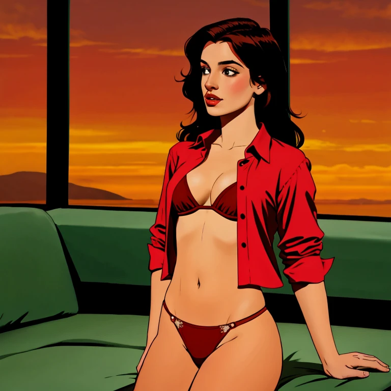Leela, red thong, unbuttoned shirt