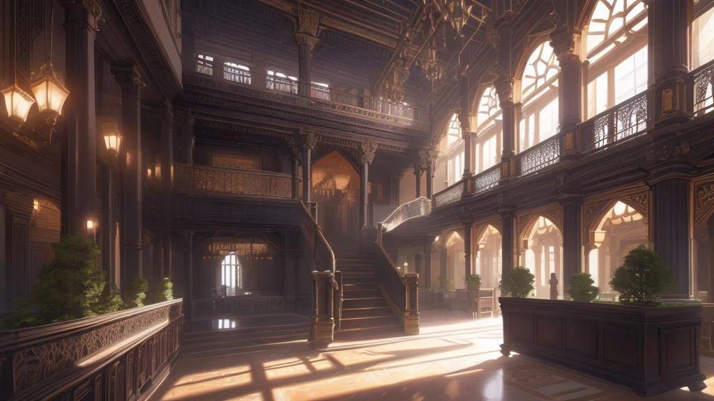 A high fantasy palace interior that incorporates a central atrium surrounded by balconies and bridges connecting the hanging central hub, along the walls are high relief sculptures of women in seductive poses, the floor level interior has several spots with large seat cushions and mats where patrons indulge with luxurious foods and drinks served by women in revealing belly dancer outfits. Linen curtains and beaded curtains seal of the sights beyond the many entrances leading to different floors.