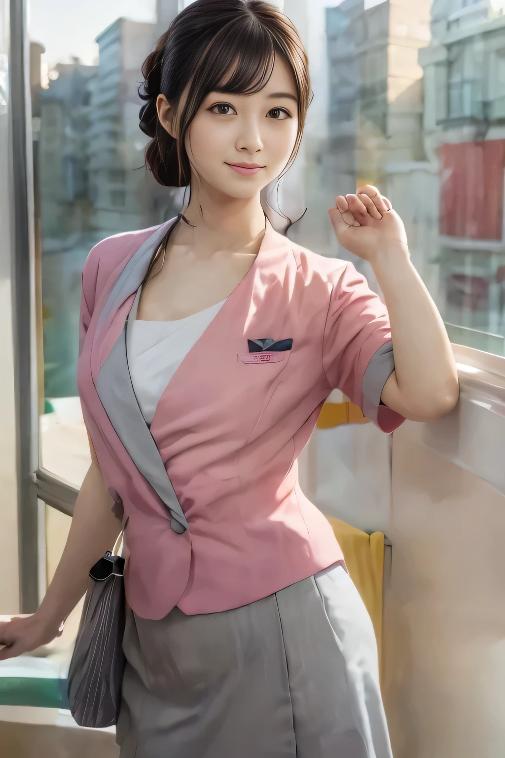 (masterpiece:1.2, Highest quality:1.2), 32K HDR, High resolution, (alone、1 girl)、 (Height: 160cm)、（On the rooftop of a building in the daytime、Professional Lighting）、Building rooftop background、（Nankai train crew uniform pinkを着たリアルスタイル）、（Nankai train crew uniform pink short sleeve collarless pink jacket、Nankai Train Crew Uniform Pink Collarless Short Sleeve Blouse、Nankai Train Crew Uniform Pink Grey Knee-length Culottes）、Dark brown hair、（Hair tied up、Hair tied up、Evening curly hairstyle）、Dark brown hair、Long Shot、Big Breasts、Thin legs、（（Great hands：2.0）），（（Harmonious body proportions：1.5）），（（Normal limbs：2.0）），（（Normal finger：2.0）），（（Delicate eyes：2.0）），（（Normal eyes：2.0））)、smile、（Nankai Train Crew Uniform Pink Grey Knee-length Culottesを見せた美しい歩く姿）、Place your hands around your stomach、Lanyard employee ID card