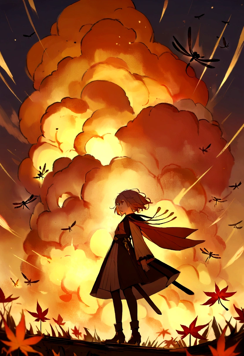 burning,dragonfly,evening,explosion,flame,maple_leaf,solo,yellow_sky,aki_shizuha,rating:safe