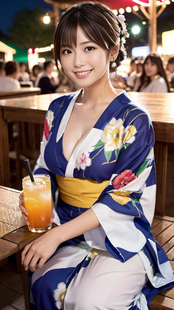 On a summer night at a summer festival, a beautiful woman with large breasts, wearing a colorful low-cut yukata, is enjoying a drink with the brightest smile. The scene is detailed and high quality, capturing the festive atmosphere and the elegance of the setting. The woman has a perfect face, beautiful expression, and striking eyes. The image is ultra-realistic 8K, professional artwork, masterpiece quality, with intricate details and the highest resolution.