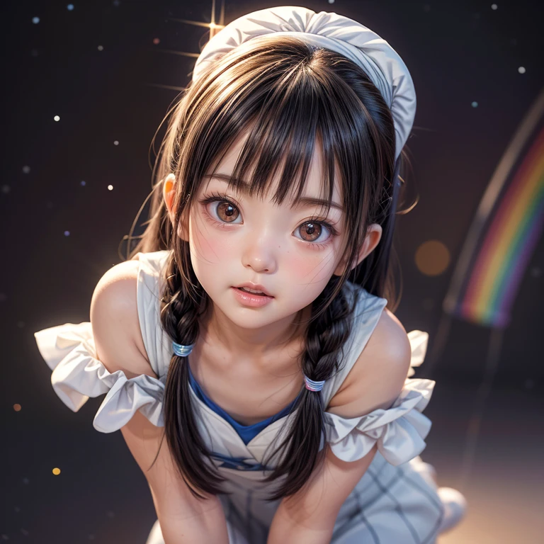 NSFW, 8k, High-level, absurd, masterpiece, best quality, primitive, very detailed CG, very detailed wallpaper, perfect lighting, Extremely detailed ((( personifying " Arale Norimaki " as a  Girl))), MysticSight, Tyndall effect, Tyndall scattering, (Studio gray background with (Overflowing oodles Dazzling RainbowColorParticles (BokeH))), (RoundlyButts, ThighGap), (Exposed:0.4), (Assfocus with looking ahead) BREAK  (Acutance:0.88), (NOGIZAKA face variations) Extremely Detailed very KAWAII face variations, perfect anatomy, Childish, CaptivatingGaze ElaboratePupils detailed Eyes with (sparkling highlights:1.28), (Voluminous LongEyelashes:0.88)、GlossyRED Lips with beautiful details, RosyCheeks, Radiant PearlSkin with Transparency . { (Dynamic LifeLike expressions:1.4) | (:d) }, (large eyes:-1) .