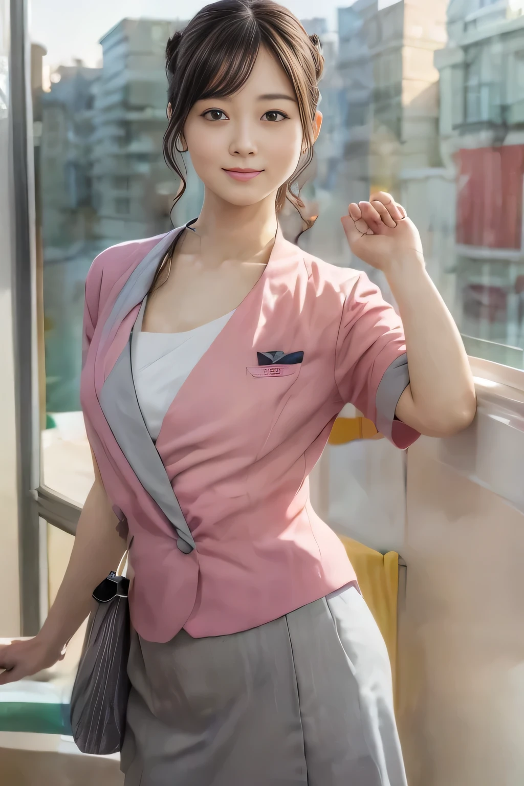 (masterpiece:1.2, Highest quality:1.2), 32K HDR, High resolution, (alone、1 girl)、 (Height: 160cm)、(On the rooftop of a building in the daytime、Professional Lighting)、Building rooftop background、(Nankai train crew uniform pinkを着たリアルスタイル)、(Nankai train crew uniform pink short sleeve collarless pink jacket、Nankai Train Crew Uniform Pink Collarless Short Sleeve Blouse、Nankai Train Crew Uniform Pink Grey Knee-length Culottes)、Dark brown hair、(Hair tied up、Hair tied up、Evening curly hairstyle)、Dark brown hair、Long Shot、Big Breasts、Thin legs、((Great hands:2.0)),((Harmonious body proportions:1.5)),((Normal limbs:2.0)),((Normal finger:2.0)),((Delicate eyes:2.0)),((Normal eyes:2.0)))、smile、(Nankai Train Crew Uniform Pink Grey Knee-length Culottesを見せた美しい歩く姿)、Place your hands around your stomach、Lanyard employee ID card