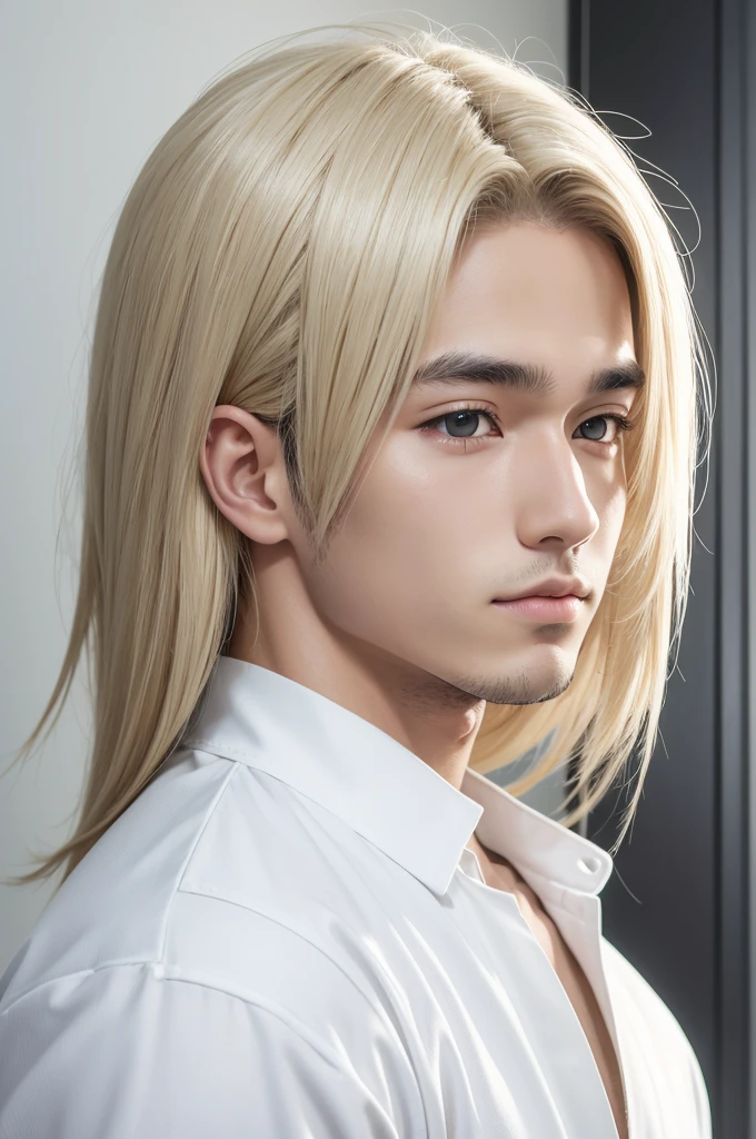 shibi anime masculino cabelo branco e amarelo, terno branco e preto , olhos dourado, boca aberta