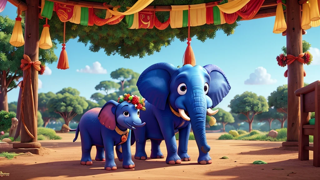 Depict elephants celebrating together, perhaps with colorful foliage or a festive atmosphere, conveying joy and unity. Hyper-realistic, 8k, ultra HD, Pixar style, Disney style, Cinema 4D, --ar 3:2 1