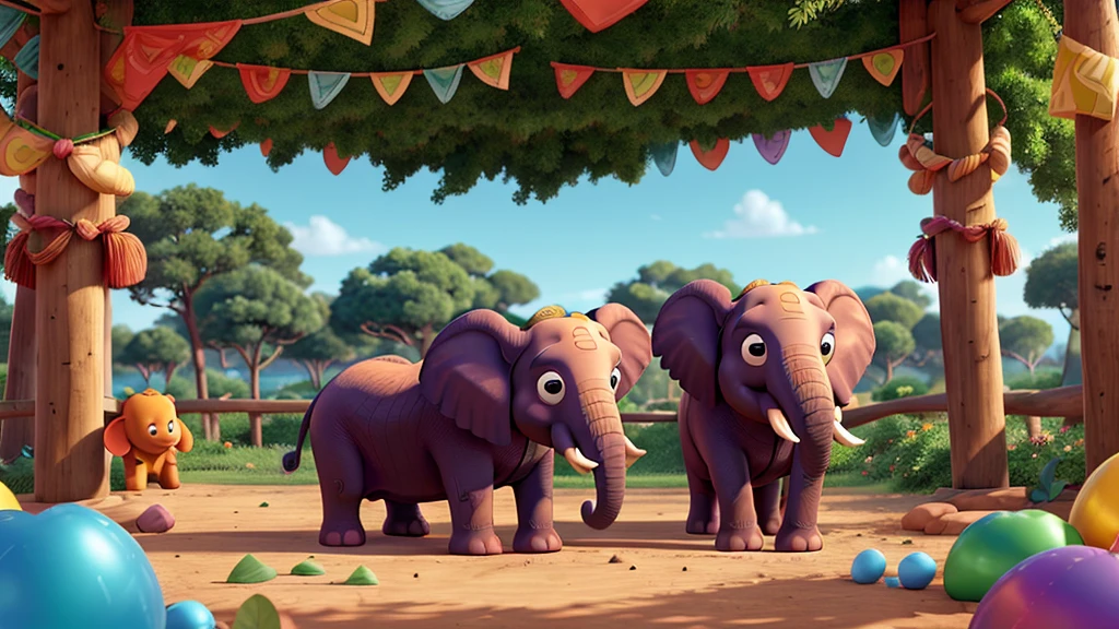 Depict elephants celebrating together, perhaps with colorful foliage or a festive atmosphere, conveying joy and unity.   Hyper-realistic, 8k, ultra HD, Pixar style, Disney style, Cinema 4D, --ar 3:2 1