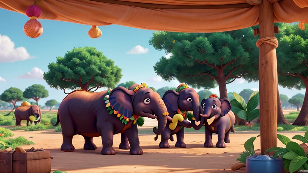 Depict elephants celebrating together, perhaps with colorful foliage or a festive atmosphere, conveying joy and unity.   Hyper-realistic, 8k, ultra HD, Pixar style, Disney style, Cinema 4D, --ar 3:2 1