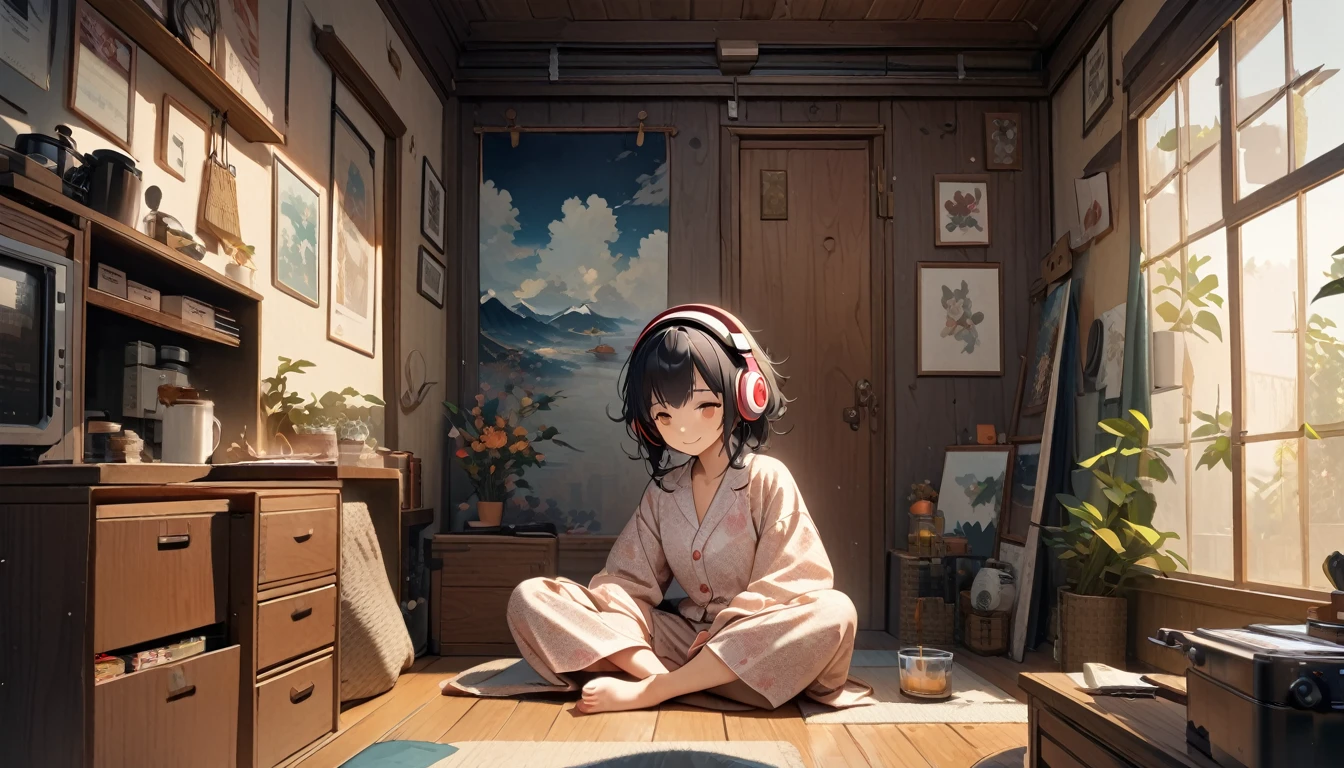 ((8k of extremely detailed CG unit, Masterpiece, high resolution, highest quality, highest quality real texture skin)), (((Japanese patterned pajamas))), (((Cute room))), (((Japanese style headphones))), (((iced coffee))), (((Smiling and listening to music))), ((1 girl)), (Black hair, messy hair, beige skin), (Surreal, digital painting)