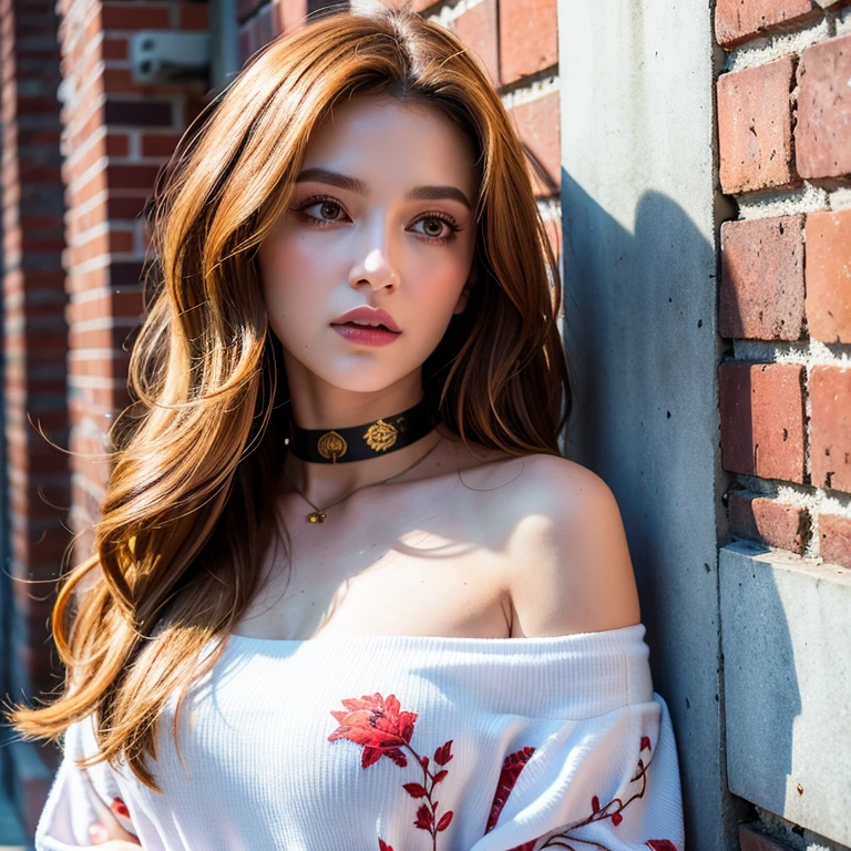 ultra realistic 8k cg, masterpiece, ((ultra detailed background, delicate pattern, intricate detail)), best quality, intricate details, chromatic aberration, 1girl, long hair, golden hair, messy hair, red highlights, hair over one eye, sharp eyes, choker, brick wall, graffiti, dim lighting, alley, oversized shirt,off shoulder, see through white shirt, Masterpiece, best quality
