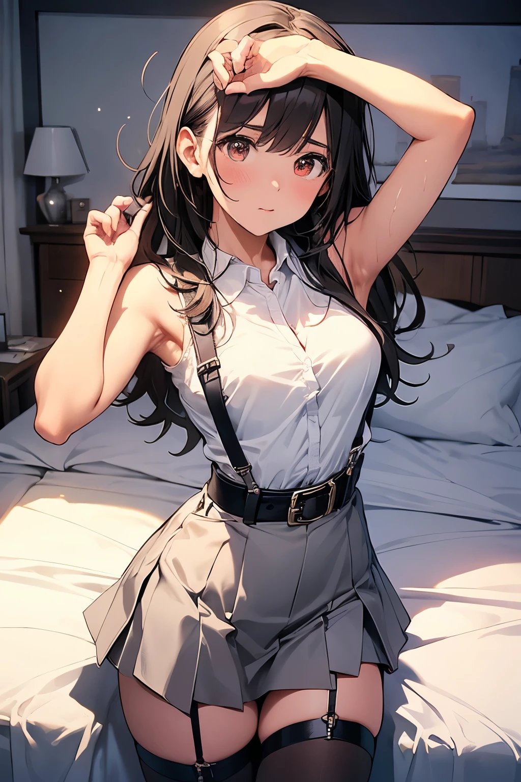 Gazing at the audience Black suspenders bulging big breasts wall mini skirt garterbelt garter vision Small face holster Beautiful woman Show me your hands Lying in bed vision Taunt ~ side ~ side汗 arm belt summer Armpit sweat