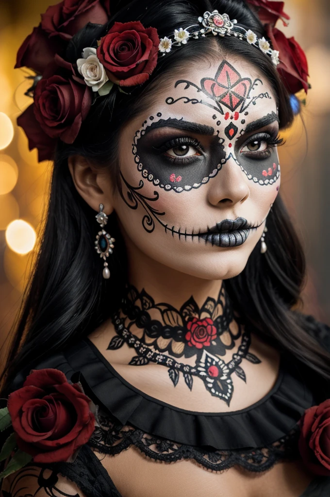 Close-up portrait of a woman with intricate catrina makeup, detailed sugar skull design, vibrant colors, black and white face paint, elegant black dress, large flower crown with red and black roses, detailed facial features, expressive eyes, delicate patterns on forehead and cheeks, realistic, high resolution, dark background with subtle lighting, festive and mysterious, vivid contrast, cultural significance, traditional Mexican Day of the Dead style."