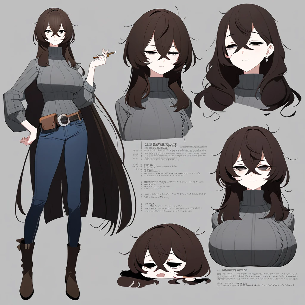 One Woman,Downer,older sister,Concept Art,Dark brown hair,Straight hair with slight inward curls,Staring eyes,Eye Ridge,black eye,Crossed bangs,whole body,smile,Larger ,Gray background,Bangs that reach down to the eyes,Messy hair,Tight dark jeans,Gray turtleneck sweater,Multiple views of the same character,Character Design,Dark circles under the eyes,Bad look,Listless,Sloppy,Silver Jewelry,Cafe staff,Holding a cigarette,whole bodyCharacter Design,Detailed hands,Height: 170cm,boots,fleshy,