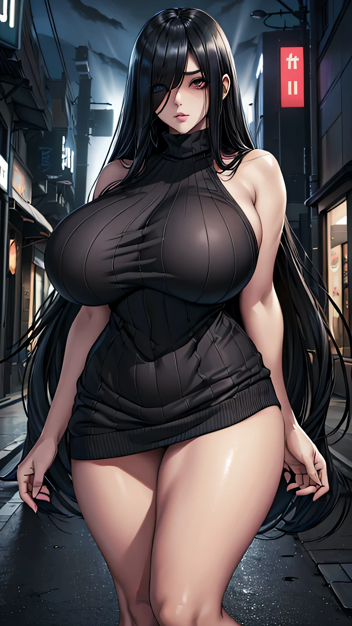 (in 16K、A high resolution、Best Quality、 masuter piece、unreal engine、amine、top-quality、From the thighs up:1.2),(Natural Skin Texture、Detailed skin、Beautiful skin、ultra sharpness),intricate detailes、Extraordinary beauty,(((gigantic breasts,voluptuous body、1 cute woman,20 to 25 years old,adult lady,sadako from the ring,Black nails,))),(an extremely cute and beautiful face:1.2),(((big eyes,sharp eyes,eye bags,eyelash extension,pale skin,black hair,very long straight hair,bottomless,Landmine fashion))),(solo,hair over oen eye,empty eyes,Expressionless,Tempting,darkness,Dark atmosphere:1.6),(virgin killer sweater_:1.4),(Are standing,Late Night,bustling street,Passersby,dim:1.5),