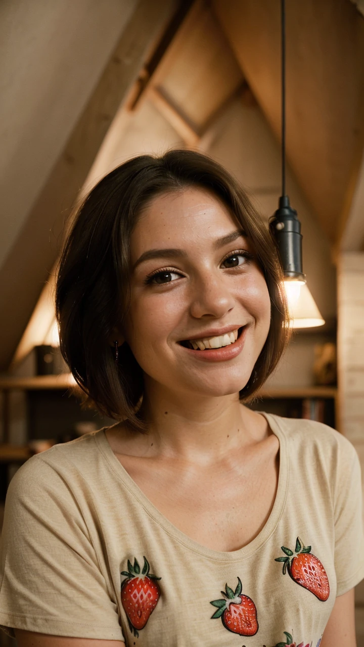 (high angle, closeup on face:1.2) photo of BrandyGordon,
smiling,
she is wearing strawberry print t-shirt
,
she is wearing bangle,
her hair is styled as textured bob hair,
BREAK she is (in the loft:1.1),
cinematic lighting,
Agfa Vista
,50mm
,shot on Hasselblad X1D II, fine texture,smooth color gradations
,