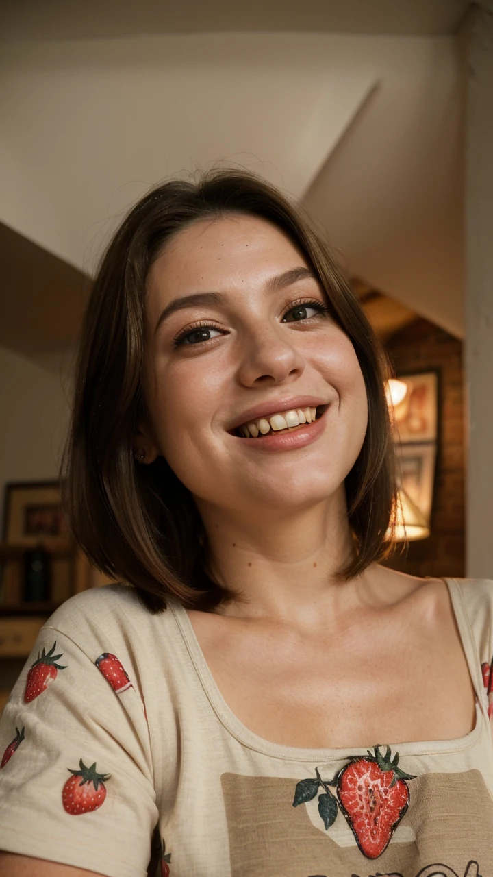 (high angle, closeup on face:1.2) photo of BrandyGordon,
smiling,
she is wearing strawberry print t-shirt
  ,
she is wearing bangle,
her hair is styled as textured bob hair,
BREAK she is (in the loft:1.1),
cinematic lighting,
Agfa Vista
  ,50mm
  ,shot on Hasselblad X1D II, fine texture,smooth color gradations
  ,