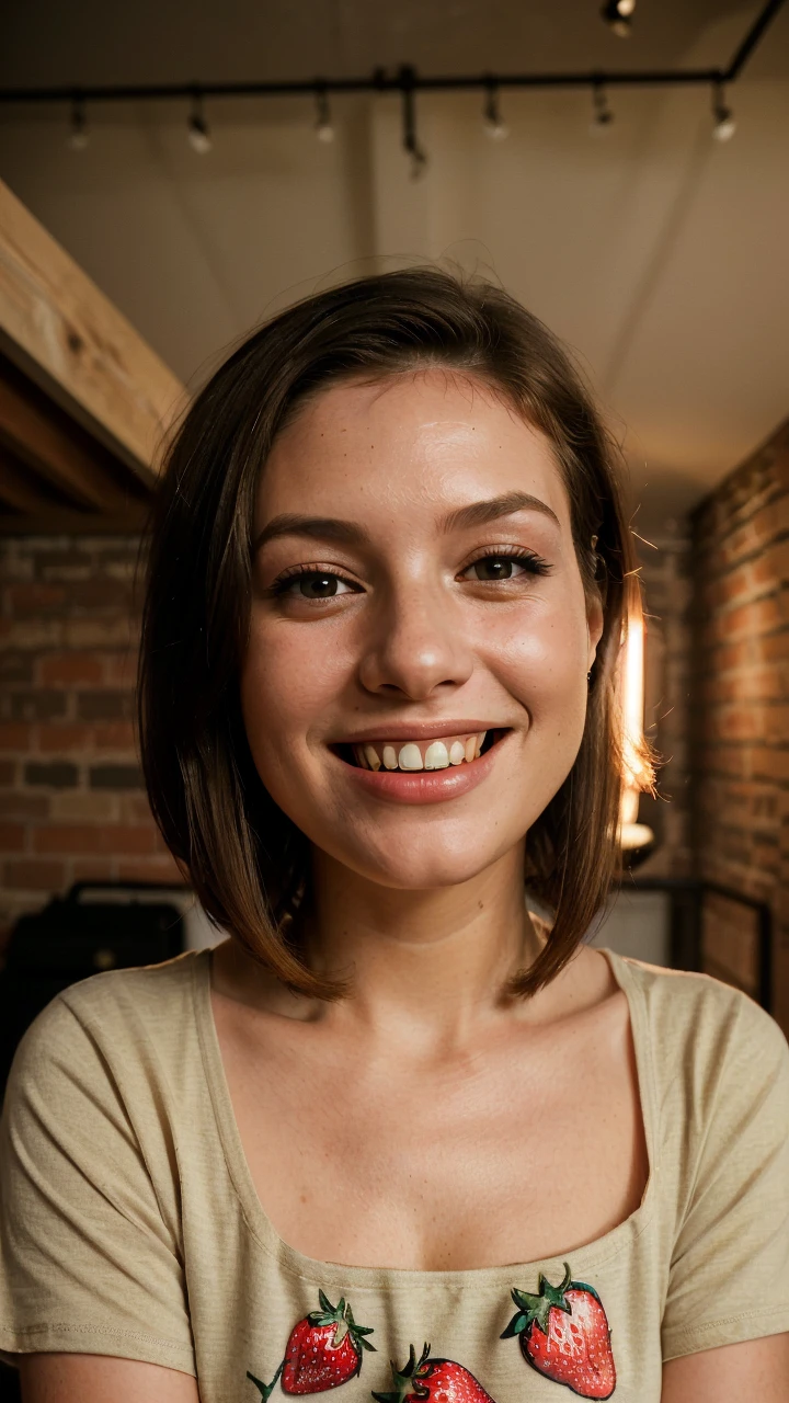 (high angle, closeup on face:1.2) photo of BrandyGordon,
smiling,
she is wearing strawberry print t-shirt
  ,
she is wearing bangle,
her hair is styled as textured bob hair,
BREAK she is (in the loft:1.1),
cinematic lighting,
Agfa Vista
  ,50mm
  ,shot on Hasselblad X1D II, fine texture,smooth color gradations
  ,