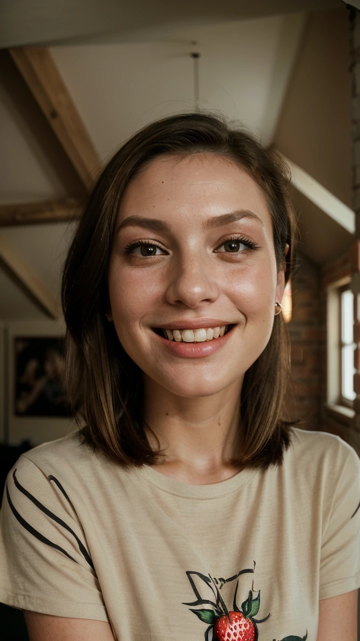 (high angle, closeup on face:1.2) photo of BrandyGordon,
smiling,
she is wearing strawberry print t-shirt
,
she is wearing bangle,
her hair is styled as textured bob hair,
BREAK she is (in the loft:1.1),
cinematic lighting,
Agfa Vista
,50mm
,shot on Hasselblad X1D II, fine texture,smooth color gradations
,
