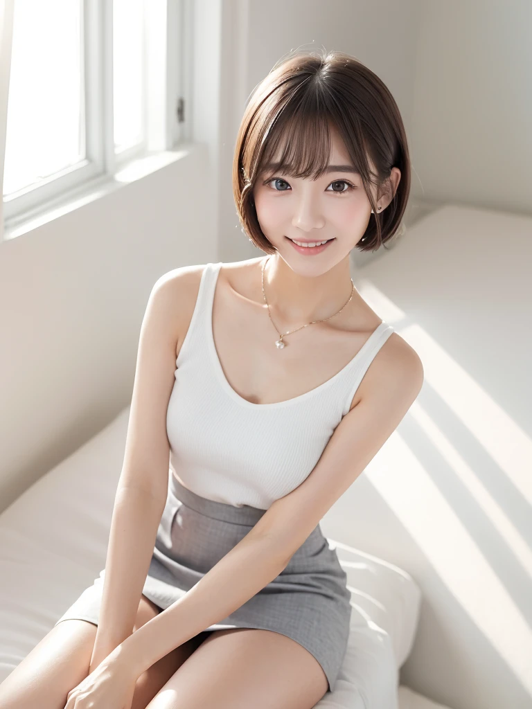 (Highest quality、masterpiece:1.9)、((Neat and clean female college student、1 person))、Soft lighting by a professional photographer、Natural light、((Very spacious white luxurious room:1.6))、((Bright white room:1.6))、(Sitting on a very luxurious white bed:1.2)、(White Bookcase:1.1)、Natural soft light、((Black Hair:1.1))、Fair skin、Detailed Eyes、double eyelid、Slightly puffy cheeks、((Small Face:1.0))、((Check One Piece、Grey mini skirt、Please wear it with the chest open.:1.1))、(smile)、((Girly pose 1.8))、High resolution,、((Short Hair:1.2))、((Full Body Shot:1.2))、Live-action image quality、((Height: 150cm))、Hands in front、Hide your hands between your legs、(bangs:1.1)、