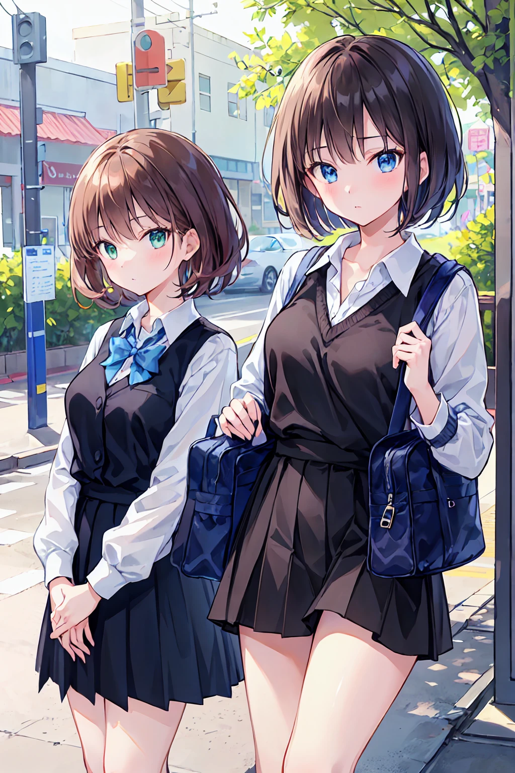 masterpiece, Highest quality, Very detailed, 16K, One Girl, spring, high school, Warm colors, school bag, 正確でVery detailed背景, Mr.々A group of schoolgirls in uniforms with different body types and hairstyles, cute. break. akane kurokawa, One girl, short hair, Brown Hair, Green Eyes, Black Hair, Medium Hair, White shirt, Collared shirt, , Best, White shirt, sweater Best, black Best, Blue tie, One Length Bob, Creating Bangs, Brighten up the area around the face, Leave the ends of the hair thick overall. Dark brown hair, blue eyes