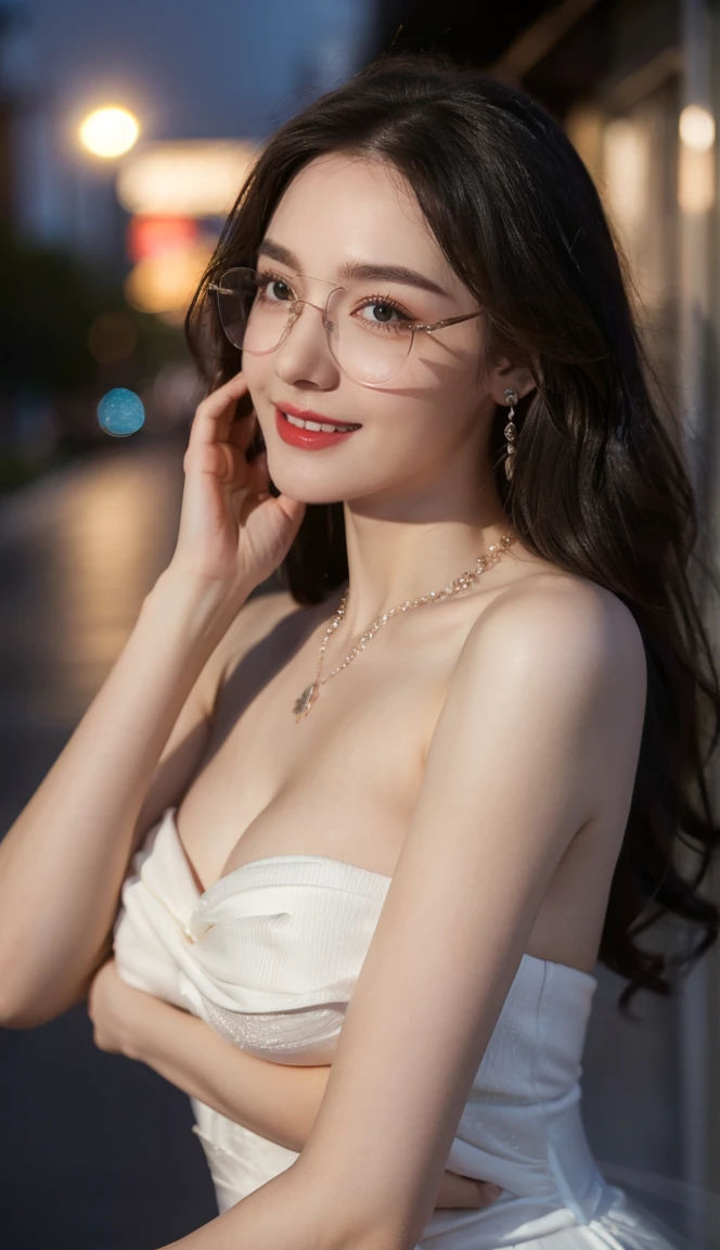 (Canon RF85mm f/1.2), (8K, RAW photos, best quality), (masterpiece), (actual, photograph actual), (Very detailed, High Detail, Best image quality, Super detailed, high resolution, Very detailed, Very detailed的描述, Ultra-fine, Extremely exquisite and beautiful work), Beautiful and delicate girl, Solo Girl, ((Perfect body)), Very detailed eyes and face, White skin, Noble beauty, ((The skin texture is delicate, Pores)), Perfect anatomical structure, Beautiful body, Delicate face, Slim abs, Slim waist), Big Ass, (Large Breasts, Breast enlargement), (Cleavage), (affectionate gaze, soulful eyes, Glowing eyes), (beautiful and clear eyes), (Bounce Curly Messy Long Hair), (Smile:1.2), (fascinated expression), (Attractive appearance), ((Cardigan，Strapless wedding dress)), ((Tight)), ((bud)), ((wear glasses)), earrings, necklace, ((night)), ((Street View, moonlight)), Physically Based Rendering, Realistic lighting, (((Upper Body))), ((looking at the audience)), ((Everlasting)), ((Happy and shy))