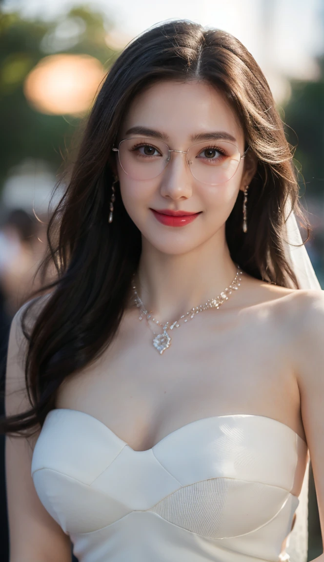 (Canon RF85mm f/1.2), (8K, RAW photos, best quality), (masterpiece), (actual, photograph actual), (Very detailed, High Detail, Best image quality, Super detailed, high resolution, Very detailed, Very detailed的描述, Ultra-fine, Extremely exquisite and beautiful work), Beautiful and delicate girl, Solo Girl, ((Perfect body)), Very detailed eyes and face, White skin, Noble beauty, ((The skin texture is delicate, Pores)), Perfect anatomical structure, Beautiful body, Delicate face, Slim abs, Slim waist), Big Ass, (Large Breasts, Breast enlargement), (Cleavage), (affectionate gaze, soulful eyes, Glowing eyes), (beautiful and clear eyes), (Bounce Curly Messy Long Hair), (Smile:1.2), (fascinated expression), (Attractive appearance), ((Cardigan，Strapless wedding dress)), ((Tight)), ((bud)), ((wear glasses)), earrings, necklace, ((night)), ((Street View, moonlight)), Physically Based Rendering, Realistic lighting, (((Upper Body))), ((looking at the audience)), ((Everlasting)), ((Happy and shy))