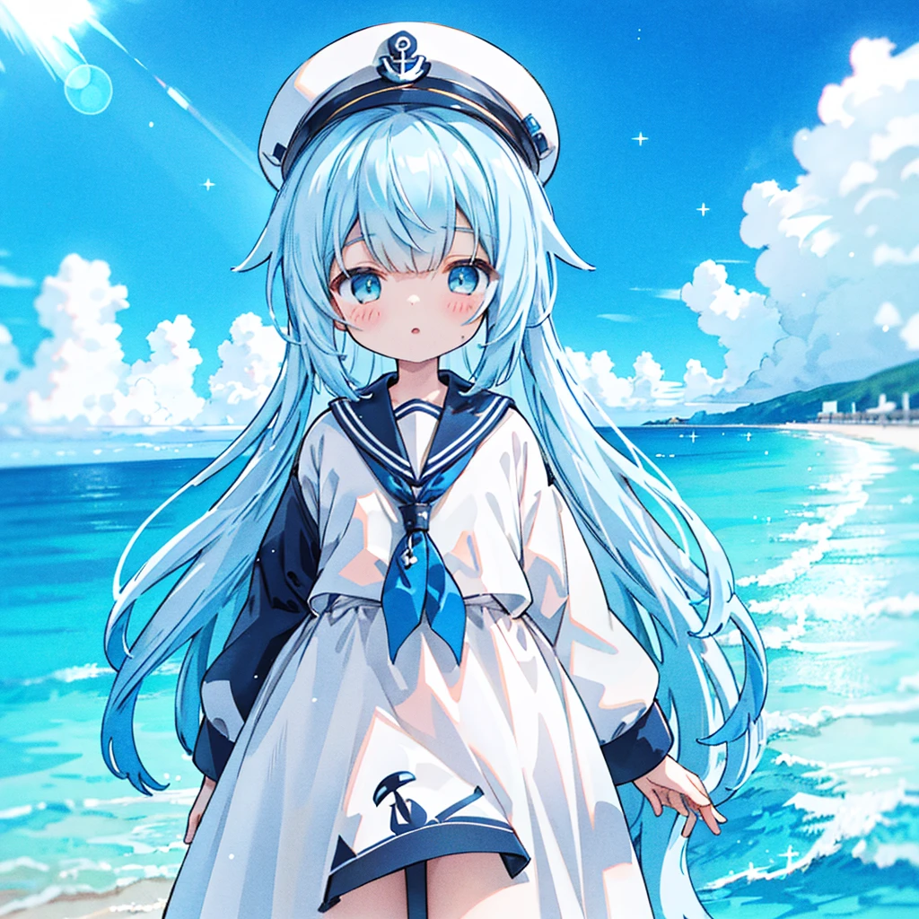 1girl、The best dynamic composition、minaba hideo, [17277fbe68]、(((最high quality、最高masterpiece、Super detailed、Official Art、The best dynamic composition)))、Anime Style、Dynamic pose、Dynamic composition、whole body,masterpiece, 最high quality, high quality, Very detailed CG, arm written depth, High resolution, bloom, chromatic aberration, realism, Very detailed, Art Station Complex, High detail, dramatic、巨大なanchor、anchor、In a white sailor suit、Light blue line、The baggy hat is cute、Sailor、Gray hair and light blue gradient hair color、Sparkling、The glow of the sea is reflected、Disorganized、Fantasy、Fantasy、